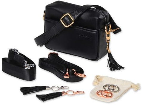 Salilena® Handtasche Damen schwarz (3in1), inkl. auswechselbarer Schultergurte und Metallösen (gold, silber, roségold), Umhängetasche Damen