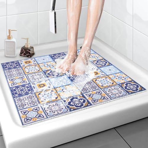 Duschmatte rutschfest 80x80 cm - Weich Komfort Badematte mit Ablauflöchern, PVC-Luffa Massage Antirutschmatte für die Dusche, Schnell trocknend