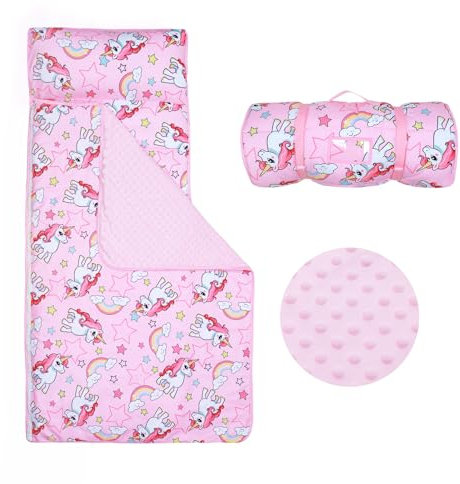 Schlafsack Kinder mit Kopfkissen Reißverschluss, Faltbare Kinderschlafsack mit Kissen Abnehmbar für Mädchen Jungen, Leicht Reinigen Schlafsack für Outdoor Indoor Camping, 150×60cm Rosa Einhorn