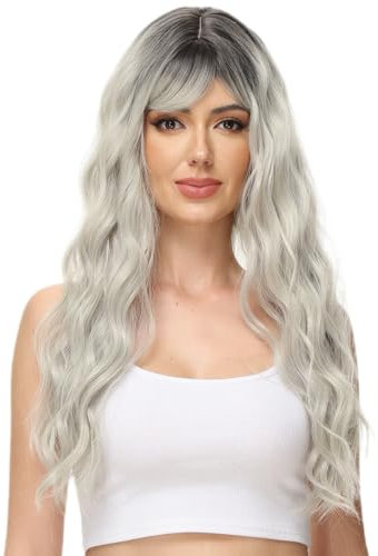 PARXITN Lange Perücken für Frauen mit Fransen 60cm Einstellbar Lockig Wellig Ombre Silber Perücken Kunsthaarperücke Cosplay Täglichen Gebrauch