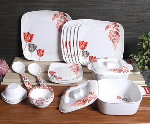 Generic EQSZ-DINNERSET-FEB-20202403 - Juego de vajilla redonda de melamina impresa para cocina, 31 piezas, base blanca + rojo, EQSZ-DINNERSET-FEB-20202403