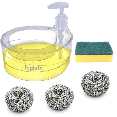 Double Layer Soap Dispenser for Bathroom Accessories Dishwasher Liquid Holder Liquid Dispenser Pump with Sponge Holder Kitchen Sink Accessories Items with 3 pcs Scrub