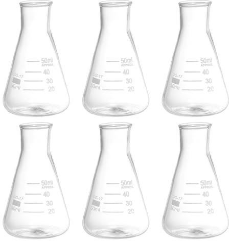 PATIKIL Erlenmeyer Flask, 6 Pcs 50ml Narrow Mouth Graduated Flasks Borosilicate Glass with Printed Graduation for Lab, Experiment, Chemistry, Science Study