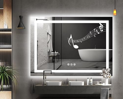BELOFAY 500x700mm Bathroom LED Mirror with Bluetooth speaker, Illuminated Bathroom Mirror with LED Lights, Dimmable, Anti-fog, Shatter-Proof, Tempered Wall Mirrors with Demister Pad Maxon