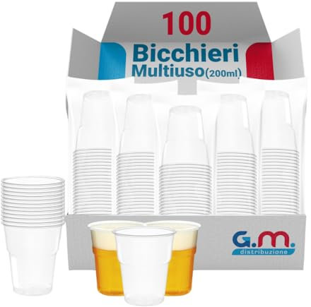 G.M. DISTRIBUZIONE 100 Bicchieri da 200 Ml Trasparenti in PET Riutilizzabile, Lavabili, Per Acqua, Birra, Vino, Yogurt, Bicchieri Multiuso per Bar e Lounge Bar