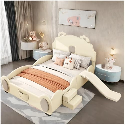 Sapgaks Kinderbett,Bett 140 x 200 cm, mit Rutsche und Leiter, Cartoonbett, Baby Bett, PU, Beige