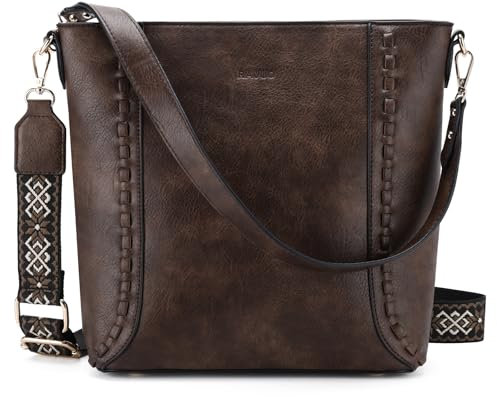 RAVUO Bolso Bandolera Mujer, Grande Bolso Cuero Mujer Bolso Hombro de Piel con 2 Correas Ajustable Crossbody Bag Bolso Shopper para Diario Viaje,Café