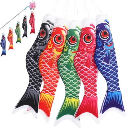 BESPORTBLE Koinobori Windfisch Set - 5-teiliger Outdoor Koi Windsack in Karpfenform 40cm Japanische Gartendekoration Wind Koi Streamer Für Izakaya Hotel Schule Japanische Sushi Bar