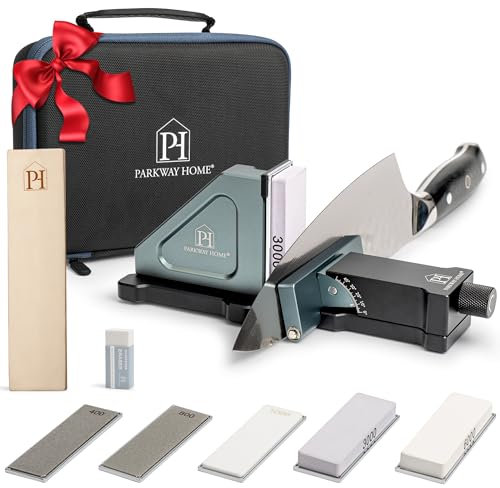 ORIGINAL ADJUSTABLE ROLLING KNIFE SHARPENER KIT: Adjustable Height, 30 Angle Options, 5 Removeable Whetstone Plates, Leather Strop with Travel Case - Kitchen Knife Sharpener