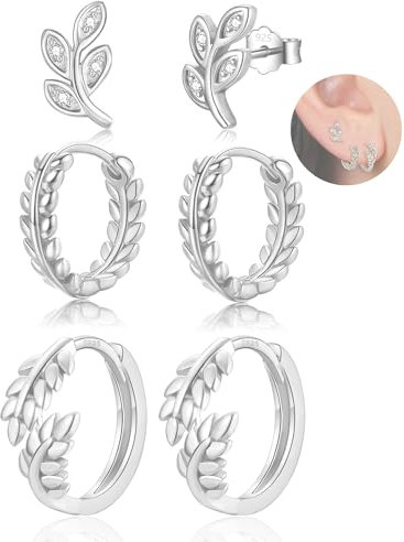 MASOP 3 Paar Blatt Ohrringe Set für Mehrere Ohrlöcher Ohrringe Creolen Silber 925 Stecker AAA Zirkonia Ohrstecker Zweig Laub für Frauen Damen Mädchen 10/12/14mm