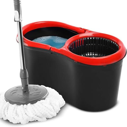 NEW! Spin Mop Bucket for Cleaning Floors Tiles Living room Hall way Kitchen Bathroom, Set of 1x Mop, 1x Bucket Cleaning Caddy Set - Microfibre Mop with 360° Spin & Dry - 14L Litre, Black &Red