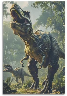 Dinosaurier-Poster mit zwei Tyrannosaurus Rexes im Wald, ausgestorbene Tiere, dekoratives Gemälde, Leinwand, Wandkunstwerk, Bild, 30 x 45 cm
