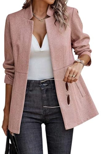 FM2018XSL Giacca da Ufficio a Maniche Lunghe da Donna Casual Blazer da Donna con Tasche Elegante Cappotto con Colletto Ritagliato(XS=Taglia S,Rosa)