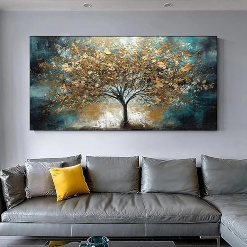 MHLCMG Leinwand Malerei Abstraktes Golden Blaues Baumlandschaft Bilder Wandkunst Poster Kunstdruck Kein Rahmen Bild Wand Wohnzimmer Schlafzimmer Dekor (80X160CM)