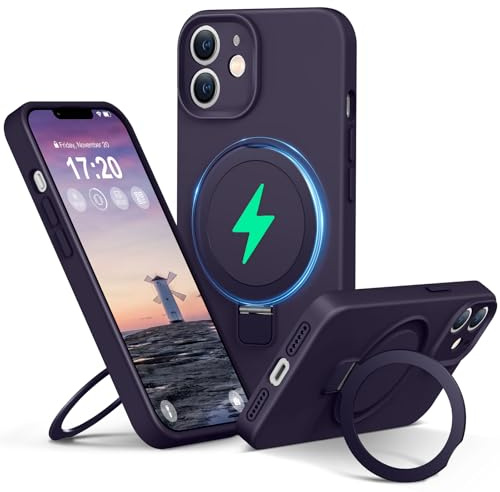 PuyaTeya Liquid Silicone Hülle für iPhone 12 mit Magnetisch Ring Ständer, Upgraded Kameraschutz Mil-Grade Drop Shockproof Anti-Scratch Microfiber Lining Silikon hülle(Hell Lila)