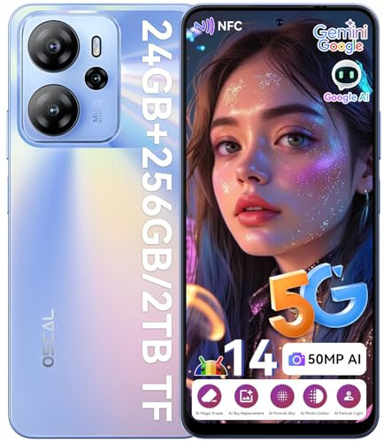 OSCAL TIGER 13 5G Mobile Phones, AI 5G Smartphone, 24(8+16) GB Gaming Phone, Mobile Phone 256GB(TF 2TB),Octa Core, 50+8MP,90Hz 6.67 HD+ Dual Sim,5000mAh,Face ID/Fingerprint/NFC/ BT5.0/OTG/GPS(Blue)