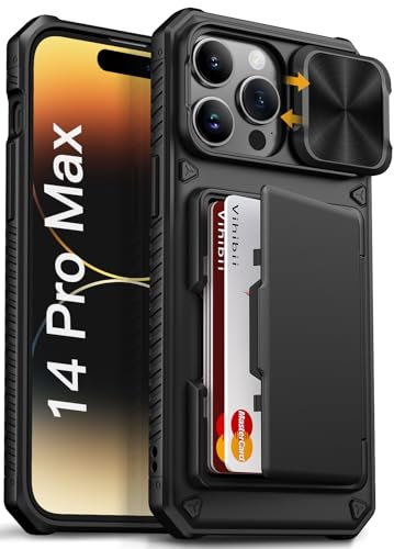 Vihibii for iPhone 14 Pro Max Case with Card Holder (4 Cards) [RFID Blocking] & Slide Camera Cover, Military Grade Drop Protection, Rugged Hard Back & Silicone Edge Wallet Phone Case, 6.7 2022, Black
