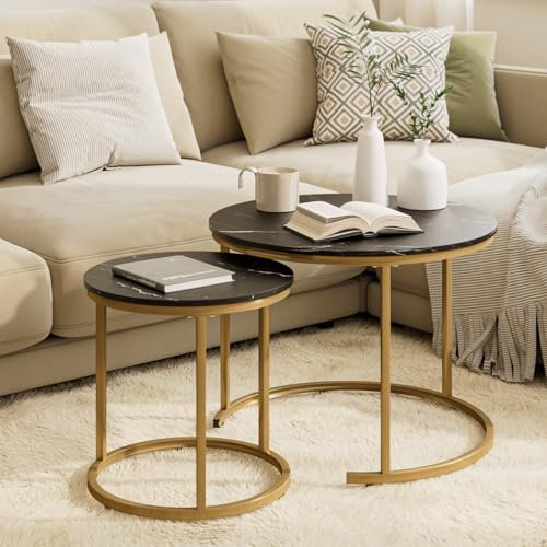 HEYZOEY Round Coffee Tables, Removable Set of 2 End Table, Nesting Tables with Gold Metal Frame Legs and Marble Black Top for Living Room, Bedroom, Office, Balcony, Apartment (Black and Gold)