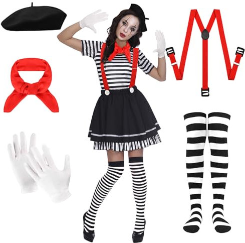 Pantomime Kostüm Damen Herren, Karneval Pantomime Kostüm Schwarze Pantomime Mütze Tuch Rot Strümpfe Schwarz Weiß Gestreift Rote Hosenträger Handschue, Pierrot Kostüm Damen, Harlekin Kostüm Damen