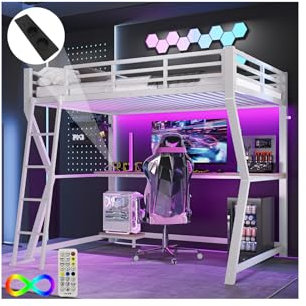 Letto a Soppalco 90x200 cm con LED e e USB e Ripiano per console del computer,per Bambini e Adulti, Letto Singolo con Scrivania e Scala e Ringhiere in Ferro