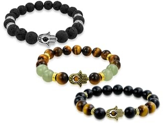 Satz von drei spirituellen stapelbaren runden Perlen Armband aus schwarzem Onyx, Lavastein, braunem Tigerauge und gefärbtem grünem Jade-Strang mit Hamsa-Hand für Frauen und Männer, versilbert.