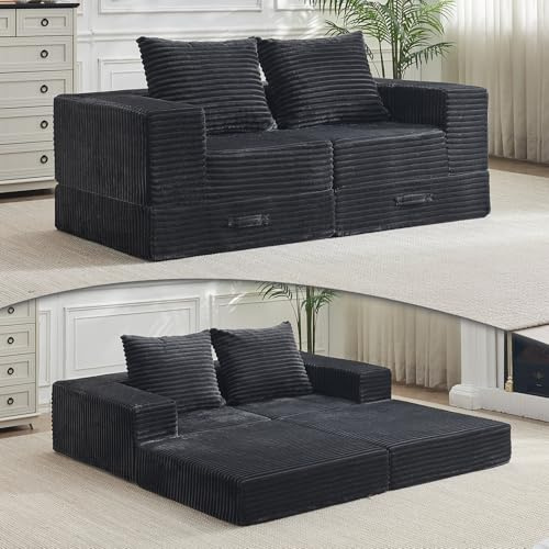 Vamcheer 2er Sofa mit Schlaffunktion - 2 sitzer Modulares Schlafsofa, Zweisitzer Sofa mit 2 Kissen, Moderne Schlafcouch für Wohnzimmer und Schlafzimmer, Schlafcouch ausziehbar 180 cm breit, Grau