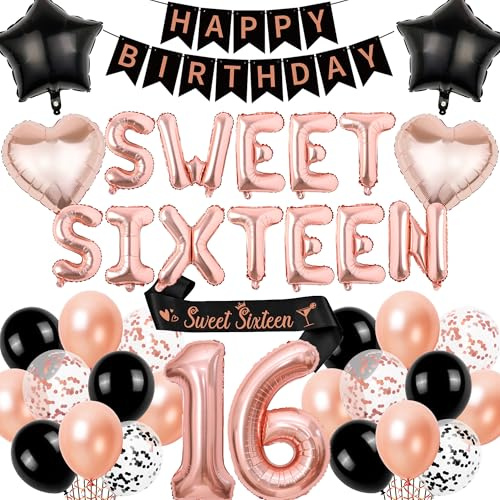 16th Birthday Decorations Sweet Sixteen - Black Rose Gold Happy Birthday Banner Number Letter Foil Balloons, Sash for 16 Years Old Boys Party Decoration Supplies