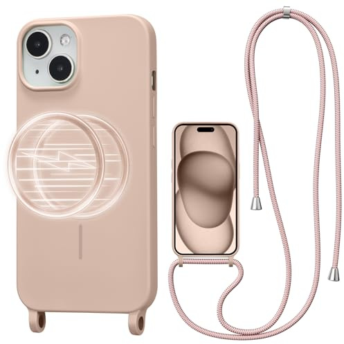 UCASONG Magnetic Case for iPhone 15 with Lanyard, Pink | Compatible with MagSafe, Crossbody Liquid Silicone Case, Soft Shockproof Protective Cover, with Adjustable Neck Cord Strap