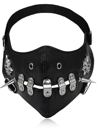 Cupimatch Leder Gotic Punk Motorrad Maske: Windschutz Staubschutz Gesichtsmaske Halbe Gesicht Bikermaske mit Nieten Schwarz Verstellbar für Motorradfahren Cosplay Festival Party Herren Damen