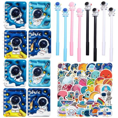 Eymobad 66 pezzi, regalo di compleanno per bambini, 8 mini taccuini a spirale + 8 penne neutri + 50 adesivi, per ragazze e ragazzi a tema spaziale, regali per feste