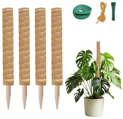 Tutores para Plantas Monstera, 4 Piezas 40cm en Fibra de Coco, con 2m de Cuerda, 2m Velcro y 20 Bridas, Apilables y Extraíbles, Soporte para Plantas Trepadoras (4)