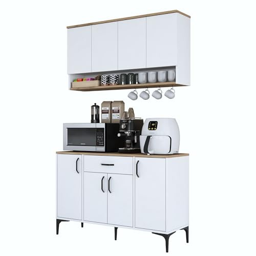 Hanah Home Modern Coffee Stand with Wall-Mount Option, Walnut & White, 120 x 140.4 x 40 cm | 100% Melamine Coated E1 Chipboard, 18 mm Thick | Stylish Storage Solution