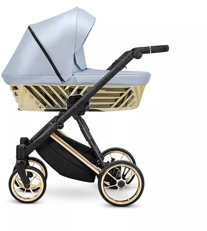 Kunert Ivento Glam 2in1 Öko-Leder Kinderwagen mit schwarzem Rahmen, Sportsitz inklusive (Metallic Blau)