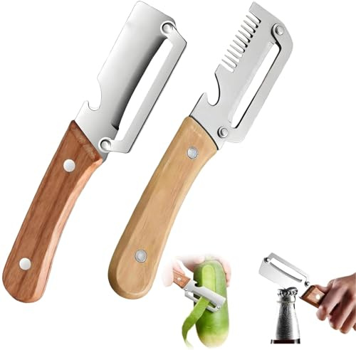 Pelador Multifuncional, 2 Piezas Pelador Multifuncional, Cuchillo Pelador con Hoja de Acero Inoxidable y Mango de Madera Ergonómico, Herramienta 3 en 1 Pelador Cortador con Abridor de Botellas