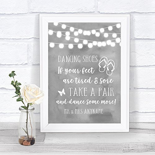 Grey Watercolour Lights Dancing Shoes Flip Flops Personalised Wedding Sign Print