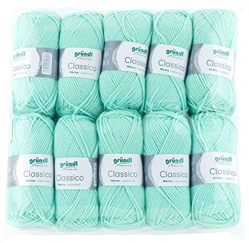 Gründl Wolle Classico - Dicke Wolle zum Stricken und Häkeln - Strickgarn - Weich und hautfreundlich - 50 % Merinowolle, 50 % Polyacryl - 10 Knäuel 50 g / 120 m - Nadelstärke 3,5 - 4,5 - mint