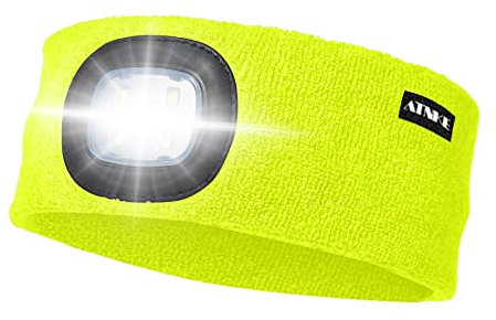 ATNKE LED Beleuchtetes Stirnband, Wiederaufladbare USB Lauf Stirnbänder mit Licht Extrem Heller 4 LED Lampe Winter Warme Stirnlampe für Herren und Damen Geschenke/Fluoreszierendes gelb