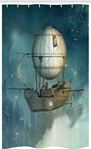 ABAKUHAUS Steampunk Schmaler Duschvorhang, futuristisch Airship, Badezimmer Deko Set aus Stoff mit Haken, 120 x 180 cm, Blau Tan