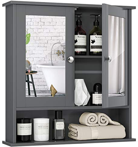 RELAX4LIFE Spiegelschrank Badezimmerspiegelschrank Hängeschrank Badezimmerschrank Badschrank Schminkschrank Badmöbel, mit Spiegel, zweitürig, 56,5 x 13,5 x 58 cm (Grau)