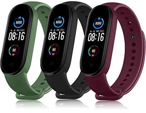 Wanme Bracelet Compatible avec Xiaomi Mi Band 5 / Xiaomi Mi Band 6, Bracelet de Remplacement en Silicone Réglable pour Xiaomi Mi Band 5 / Mi Band 6 / Amazfit Band 5 (Noir/Vin Rouge/Vert Armée)