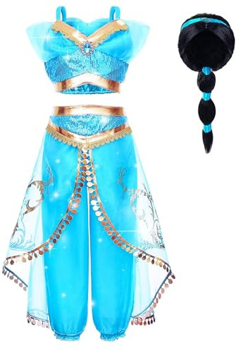 Yigoo Prinzessin Kostüm Mädchen Jasmin Kostüm Kinder Frauen Aladdin Kleid Weihnachten Verkleidung Karneval Party Halloween Fest mit Perücke 120