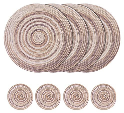 Set di 4 tovagliette rotonde intrecciate, tovagliette in cotone da 38 cm e sottobicchiere da 11 cm, tovagliette lavabili resistenti al calore per cucina, tavolo da pranzo (Grigio)