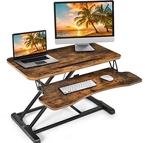 DREAMADE Höhenverstellbarer Sitz-Steh-Schreibtisch, Ergonomischer Schreibtischaufsatz mit Tastaturablage, Steharbeitsplatz, Stehpult für Computerbildschirm Laptop, Ideal für Homeoffice (Braun)