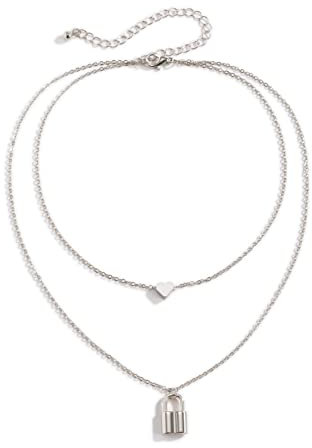 Mesnt Choker Halskette, Mehrreihige Kette Herz sperren Geschichtete Halskette Geschenke für Frauen und Mädchen Mutter Oma BFF, 2 Schicht, Weiß Gold, 42CM