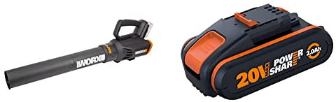 Worx WG547E.9 Cordless Leaf Blower 20V Turbine Technology, Two Speed Levels, One-Hand Operation, Without Battery & Charger, 20 V, Black/Orange & WA3551.1 18V (20V Max) 2.0Ah Battery Pack