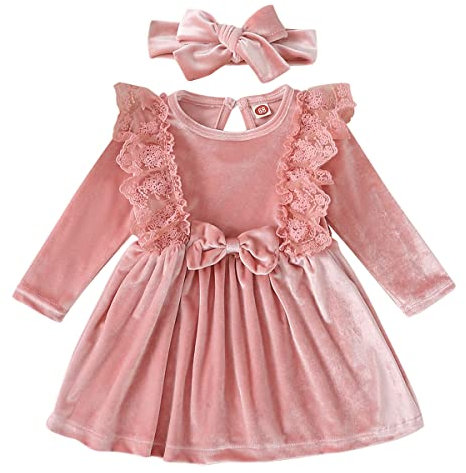 FYMNSI Robe Princesse Bébé Fille Velours avec Nœud Robe Dentelle Manches Longues Tutu Princesse Jupe avec Bandeau pour Fête de Noël Mariage Anniversaire Enfants Automne Hiver Vêtement Rose 9-12 Mois