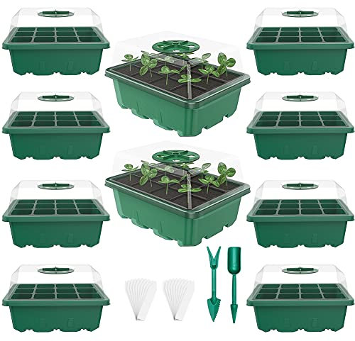 nuyikaso Lot de 10 Mini Serres pour Plantes Bac a Semis Plaque avec Couvercle 120 Cellules Interieur Plateaux de Culture Pépinière Boîte et Ventilation pour Jardin Vert