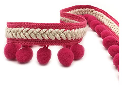 SHTGOI Pomponborte Bommelborte 5 Yards 12mm Pompon Borte zum Nähen Pom Poms Fransenborte Pompons Quaste Spitze Bommelband für DIY Basteln Kostüme Kleidung Vorhang Nähen Dekoration Rosarot