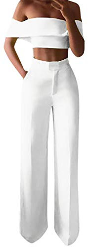 Femmes Fashion Solid Cold Shoulder froffle Chemise Bouton Fermeture à glissière Large Jambe Pantalon Costume Jean Taille Basse Sexy