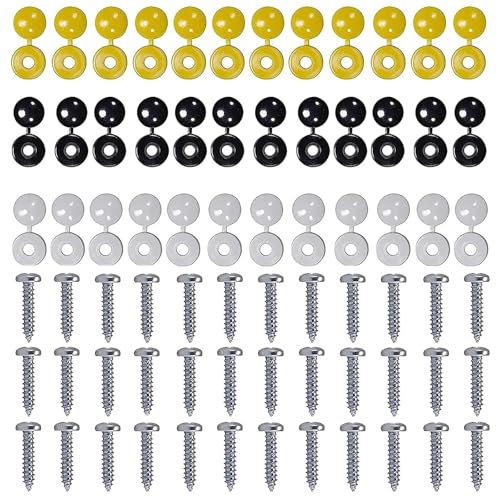36 Pcs Screws and 36 Pcs Caps Number Plate Fixing Fitting Kit, Car Number Plate Fixing Kit, Screws & Caps Number Plate Screw Caps Car Registration Plate Fixings(3 Assorted Colors)
